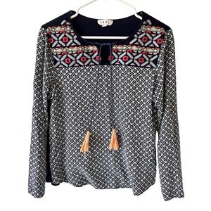 THML Anthropologie Long Sleeved Top Size Small Boho Embroidered Geometric Tassel